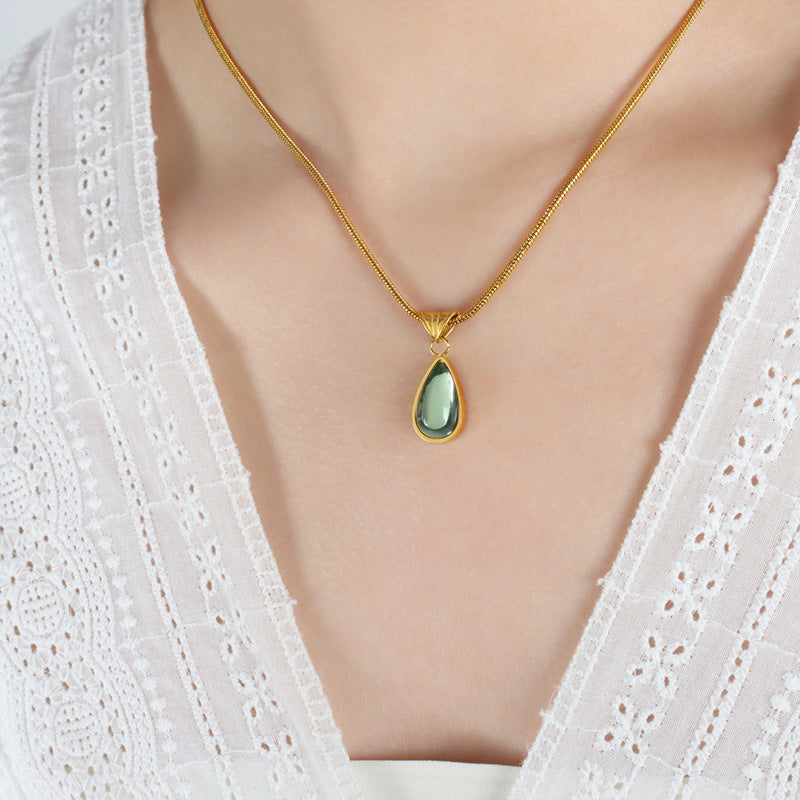 Elegant Olive Green Drop Pendant Necklace with Unique French Flair
