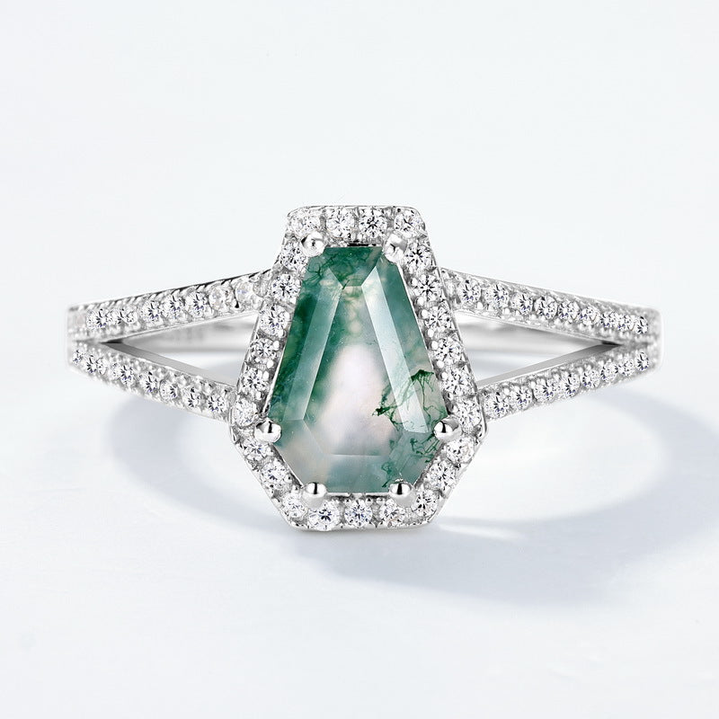 S925 Sterling Silver Moss Agate Shield Ring