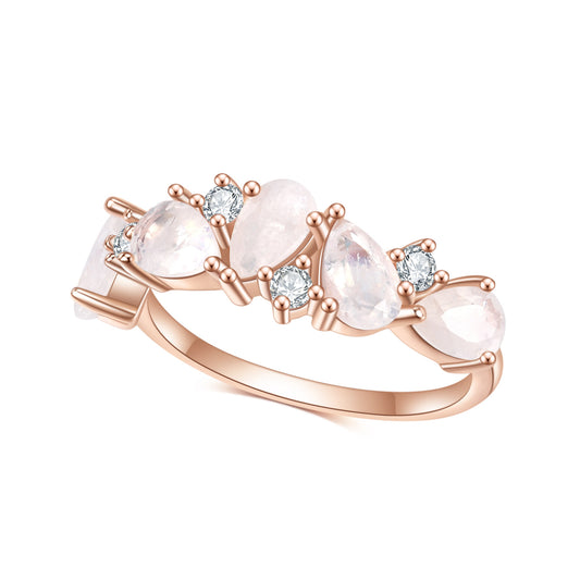 Row of Pear Shape Natural Moonstone and Zircon Silver Ring