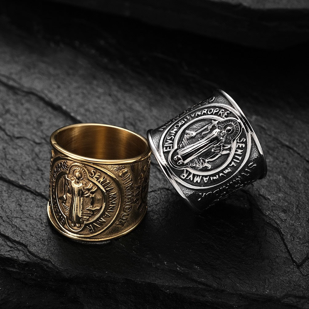 Saint Benedict Ring Stainless Steel Exorcist Symbol Unisex Divine Jewelry Planderful Collection Everyday Genie