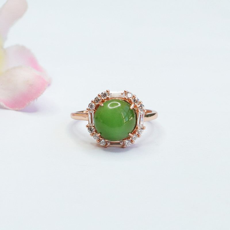 925 Sterling Silver Hetian Jasper Round Cabochon Ring