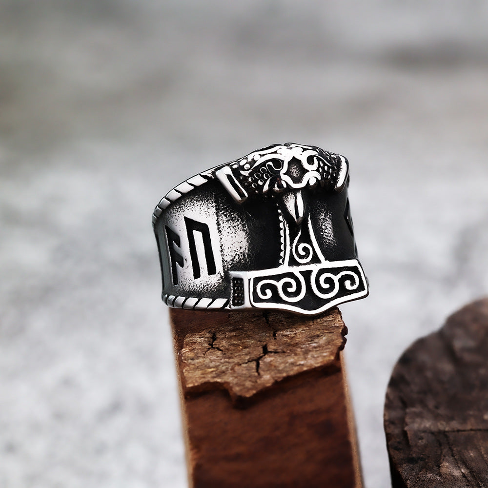 European And American Jewelry Titanium Steel Ring Nordic Viking Thor Hammer For Men