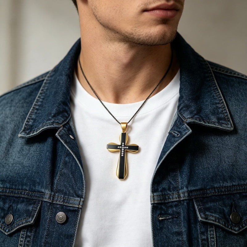 Hip Hop Rock Double Contrast Color Zircon Cross Titanium Steel Pendant Back Stainless Necklace