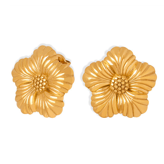 Sunflower Retro Earrings - Gold-Plated Titanium Studs in Literary Style