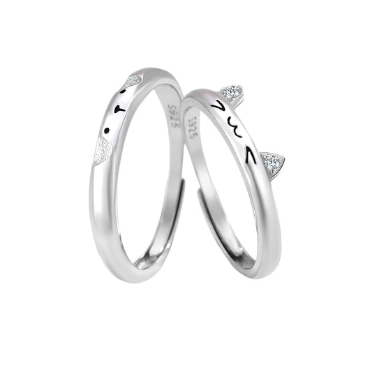 Planderful S925 Sterling Silver Cat And Dog Love Ring Adjustable Opening For Pet Lovers Cartoon Style