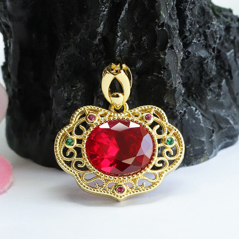 Lab-Grown Ruby Faceted Ruyi Pendant — No Chain