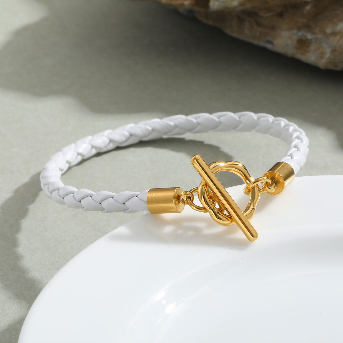 Ladies Stainless Steel Flower Ot Buckle White Microfiber Leather Bracelet Gold