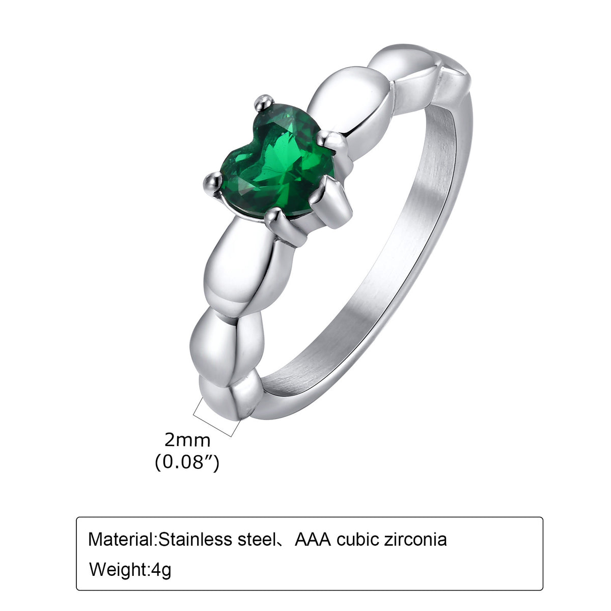 Ring Stainless Steel Green Zircon Heart Ladies