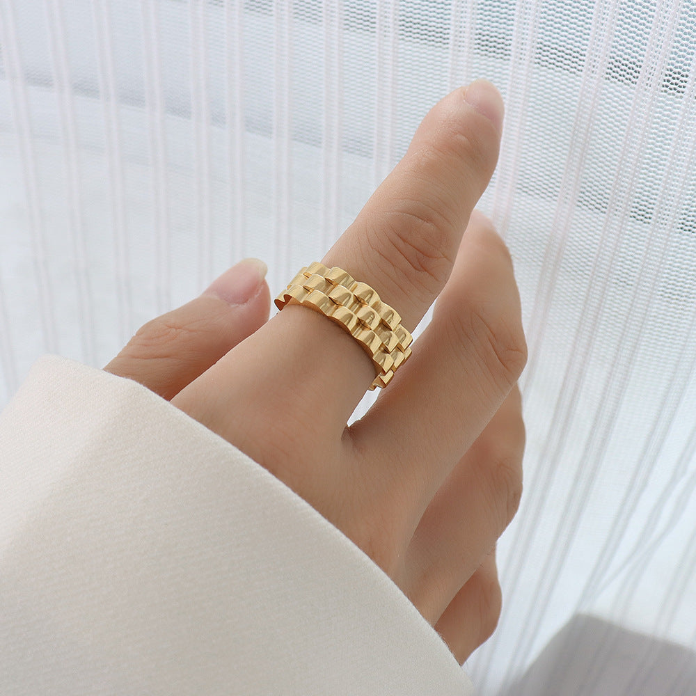Exaggerated Retro Style Titanium Steel Gold Ring with Thick Strap