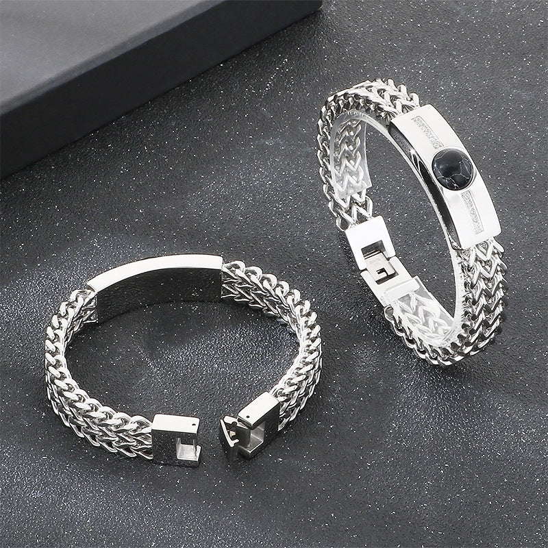 Blue Gold Black Pine Obsidian Inlaid Zircon Curved Bar Front & Back Chain Stainless Bracelet