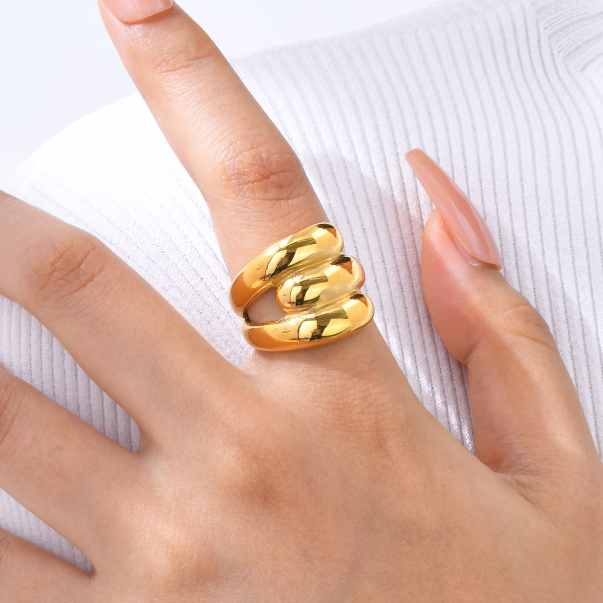 Stylish Stainless Steel Smooth Three-Layer Water Drop Geometric Wave Gold Ring