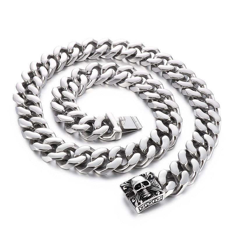 Bold Titanium Steel Skull Necklace - Retro Double-Sided Polished Cuban Chain for Men