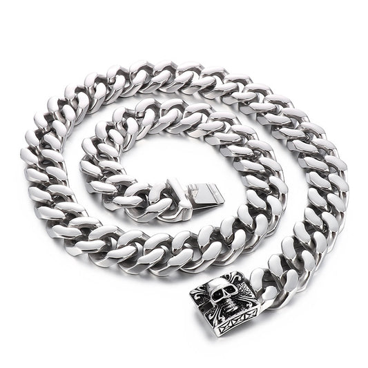 Bold Titanium Steel Skull Necklace - Retro Double-Sided Polished Cuban Chain for Men