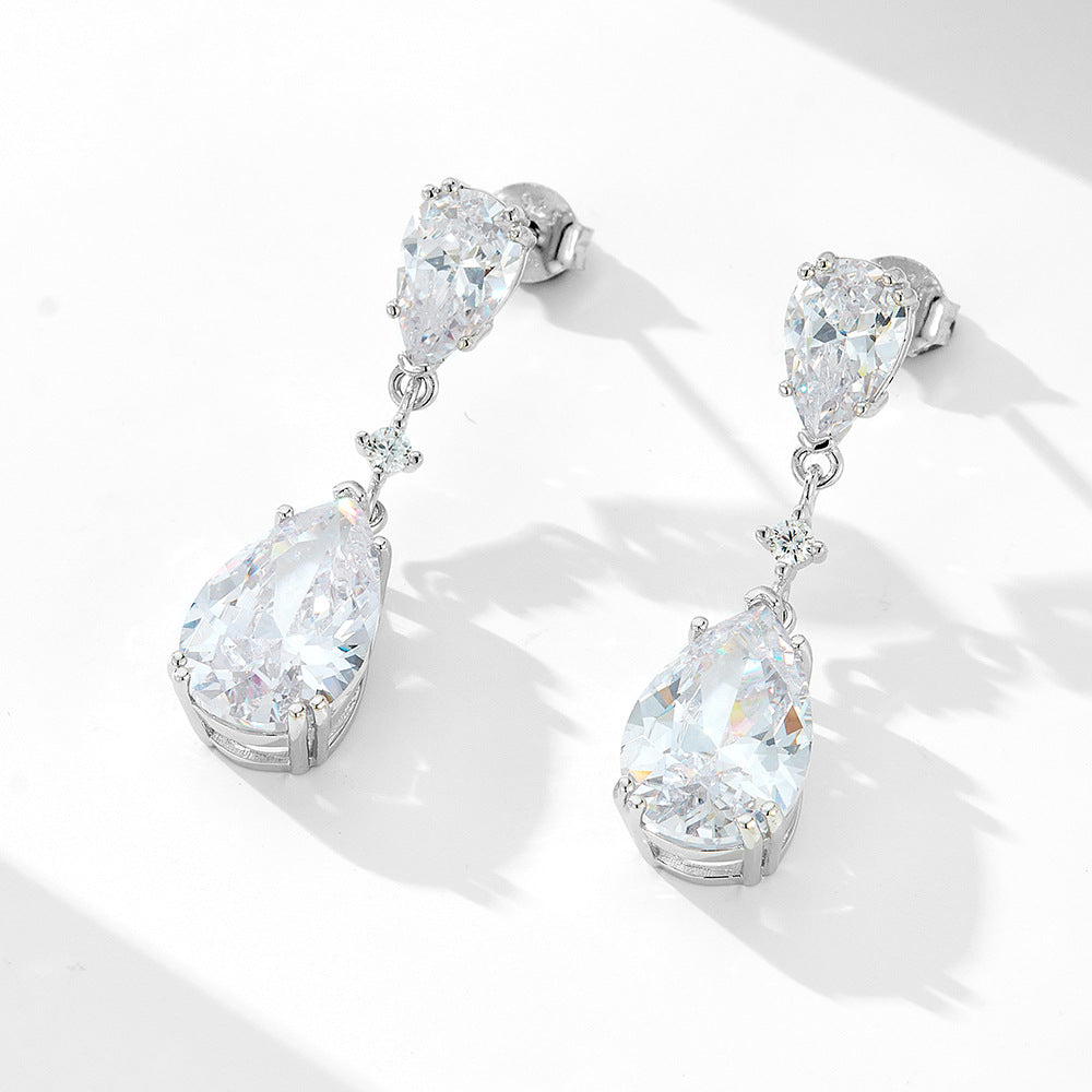 S925 Sterling Silver Water Drop Zircon Earrings, Studs, Luxury Exquisite Geometric Pear-Shaped Long