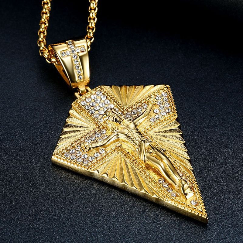 Planderful Hip Hop Jesus Pendant Necklace Stainless Steel Gold Plated Zircon Bold Statement Jewelry For Hip Hop Fans