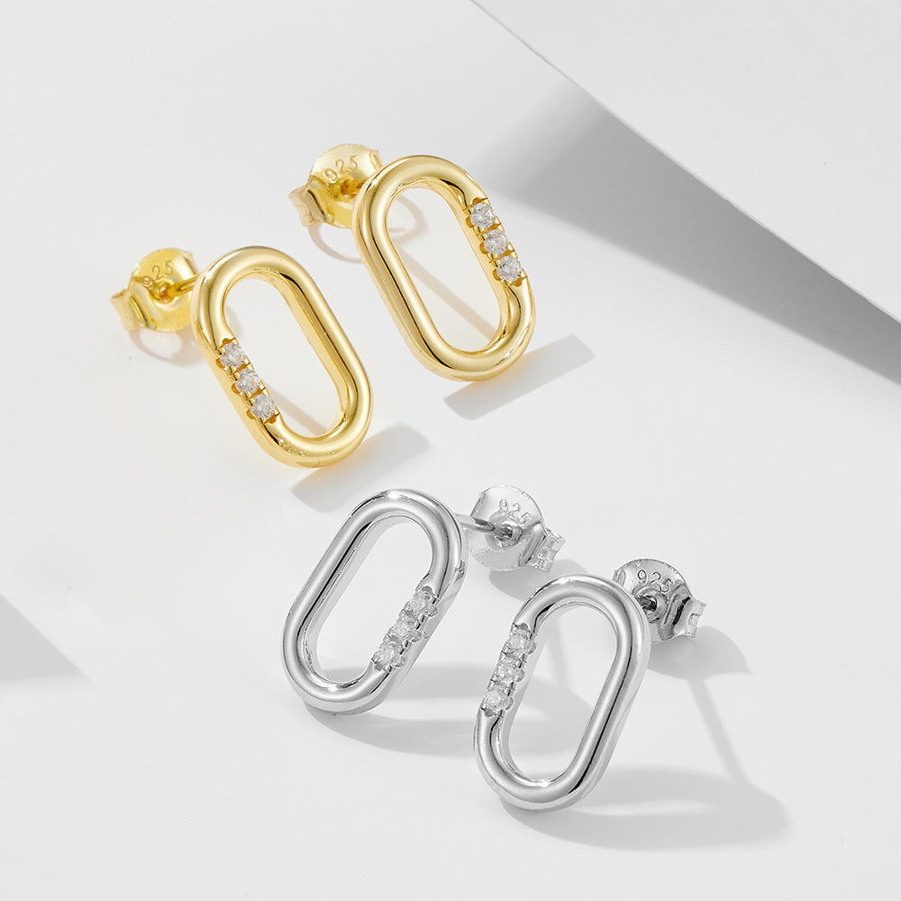 Planderful S925 Sterling Silver U-Shaped Stud Earrings For Women Zircon Geometric Oval Ins Style Elegant