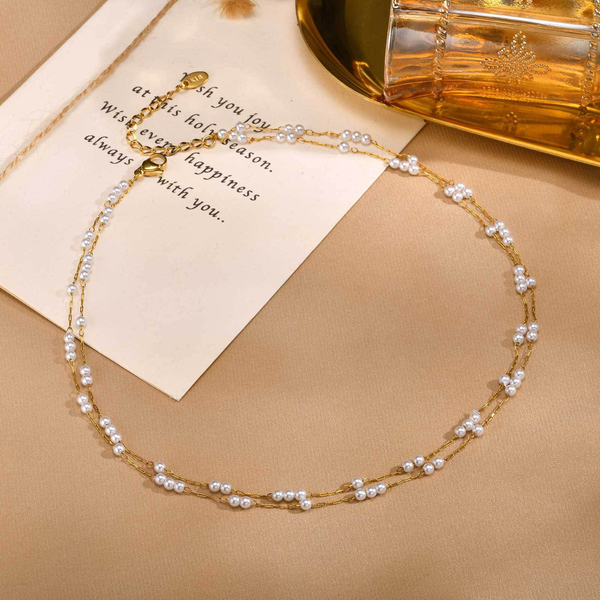 Ladies Stainless Steel Imitation Pearl Double Layer Stacked Gold Necklace