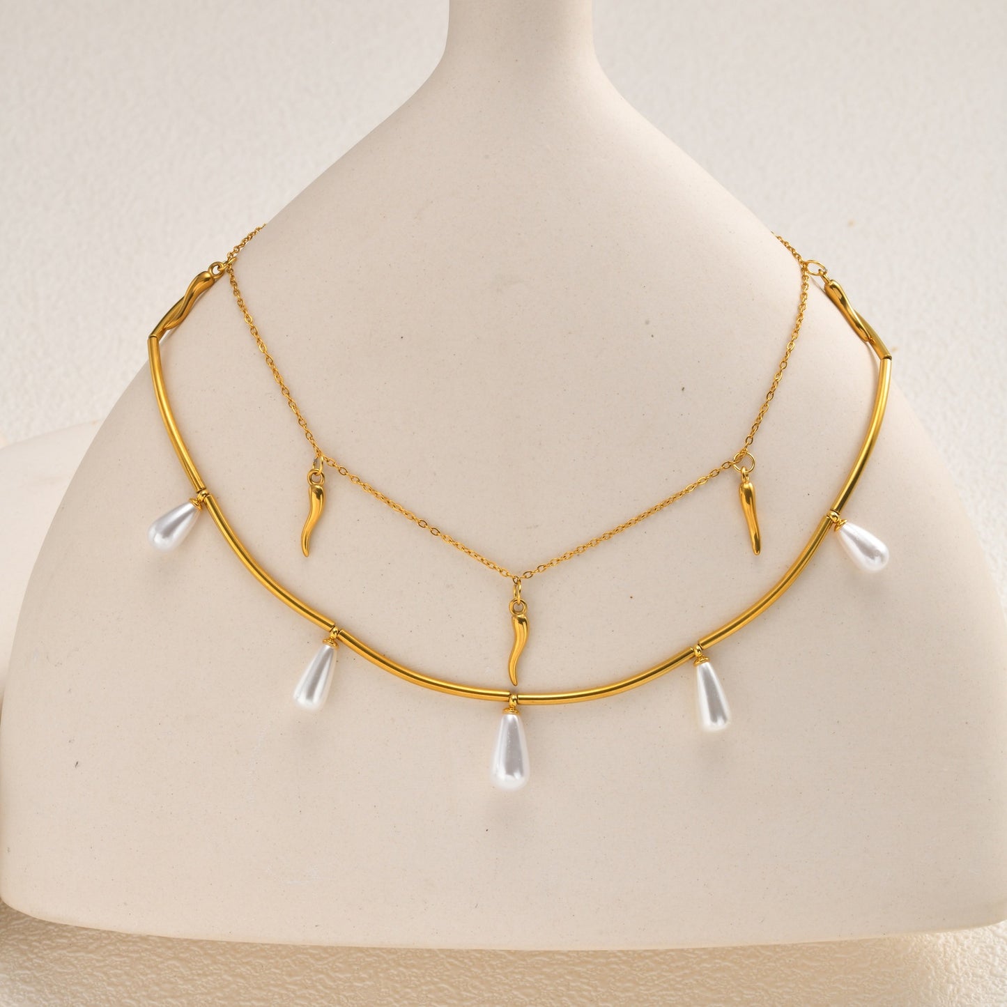 French Classic Pearl Necklace Clavicle Chain Stainless Steel Long Tube Water Drop