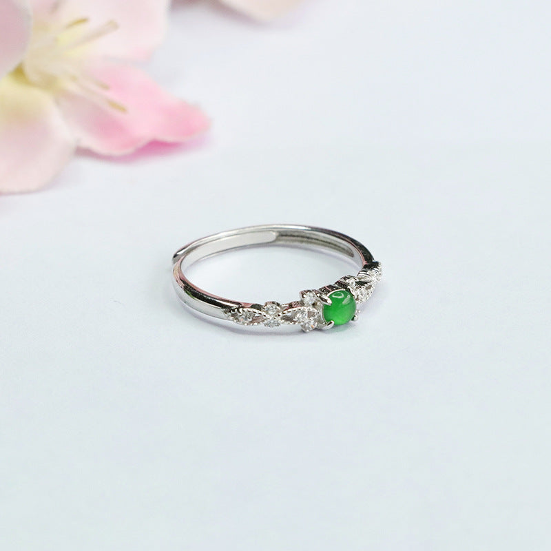 Ice Green Jade Zircon Hollow Ring with Sterling Silver Frame