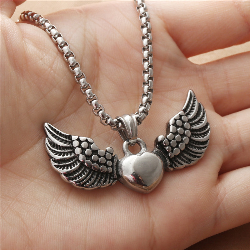 Titanium Steel Heart Wing Pendant Necklace for Men - Retro Punk Style by Planderful