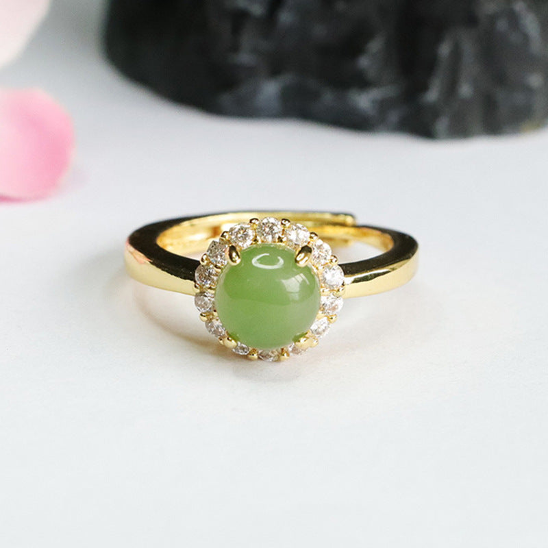 Elegant Hotan Jade and Zircon Halo Sterling Silver Ring