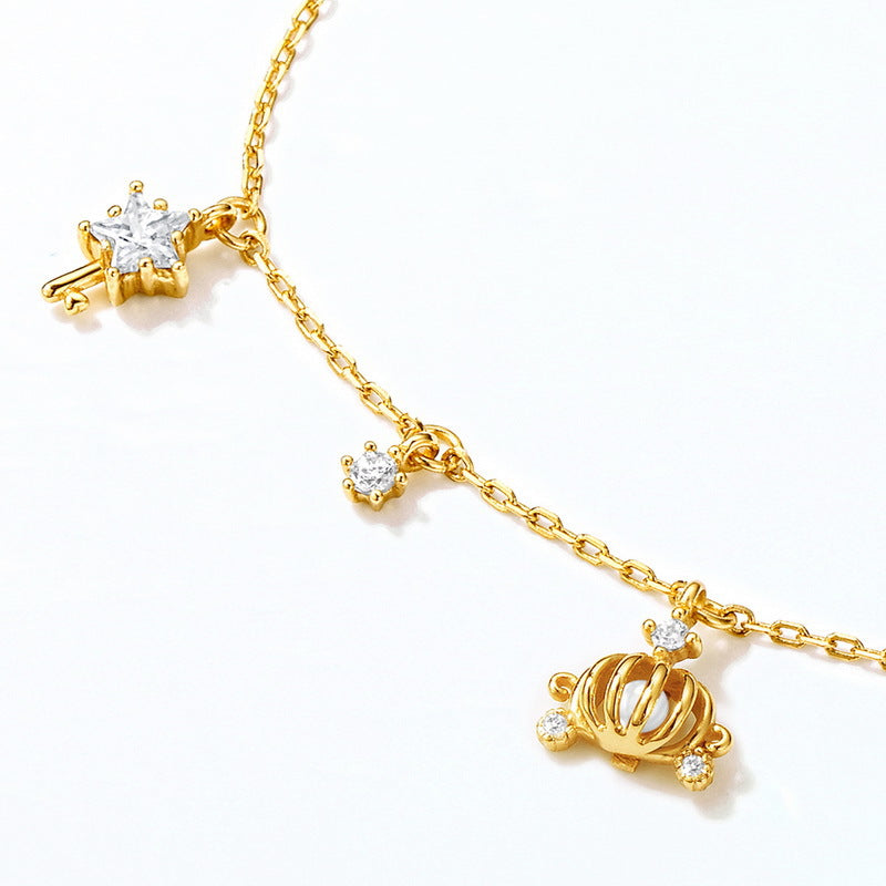 Fairy Tale Princess Pumpkin Carriage Zircon Pearl Sterling Silver Bracelet