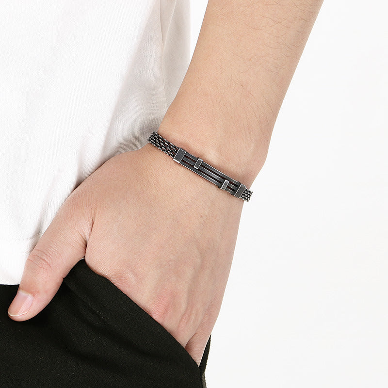 Design Mesh Chain Men's Geometric Lines Stainless Steel Adjustable Bracelet