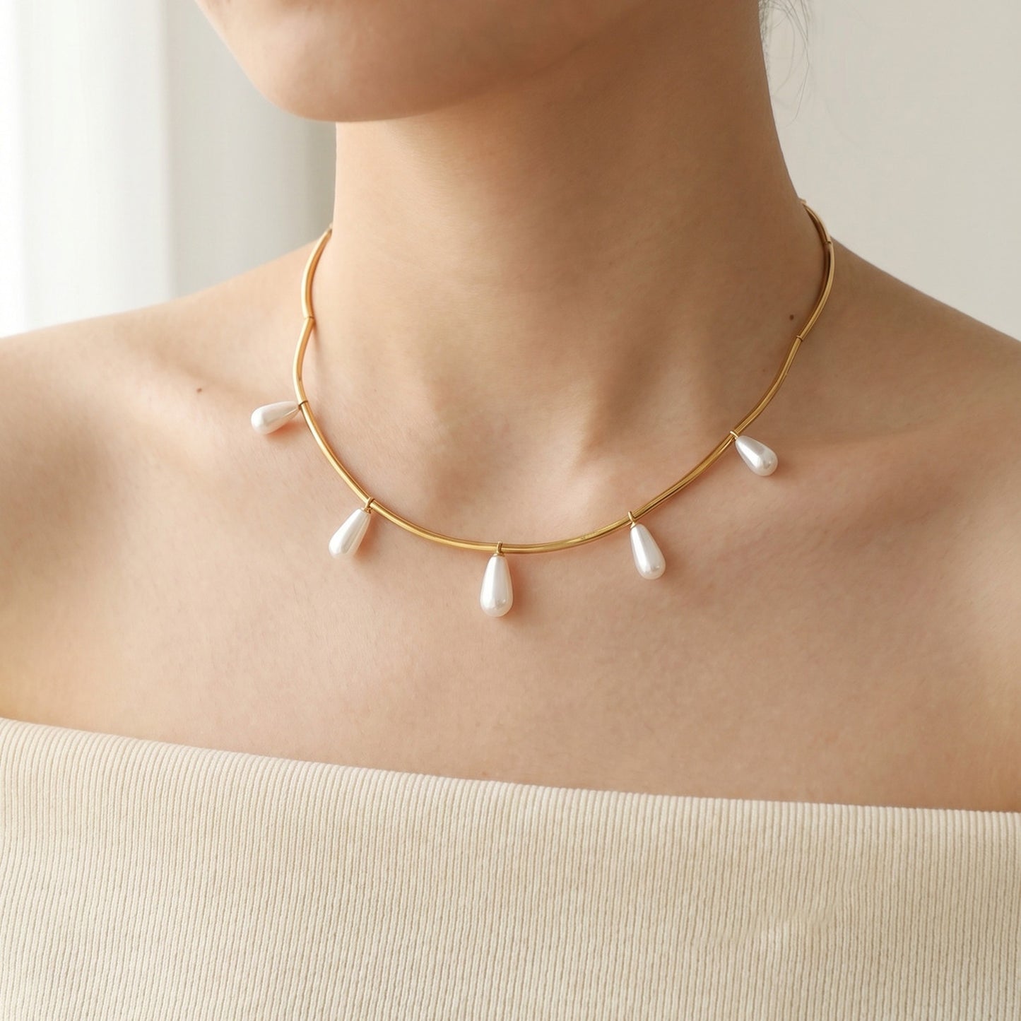French Classic Pearl Necklace Clavicle Chain Stainless Steel Long Tube Water Drop
