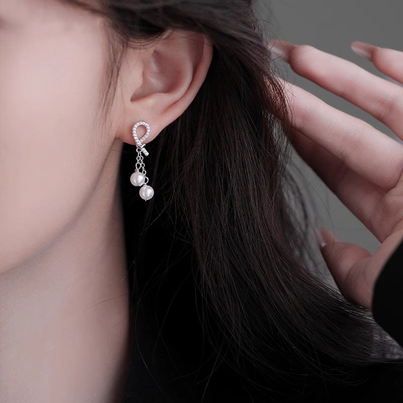 S925 Sterling Silver Rope Knot Imitation Pearl Stud Earrings