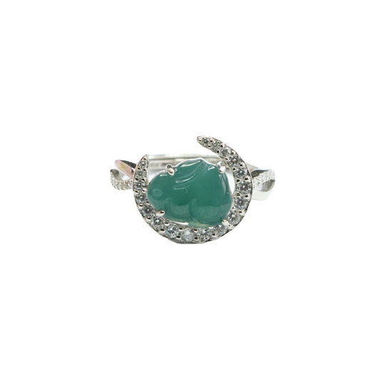 Sterling Silver Adjustable Jade Rabbit Moon Ring