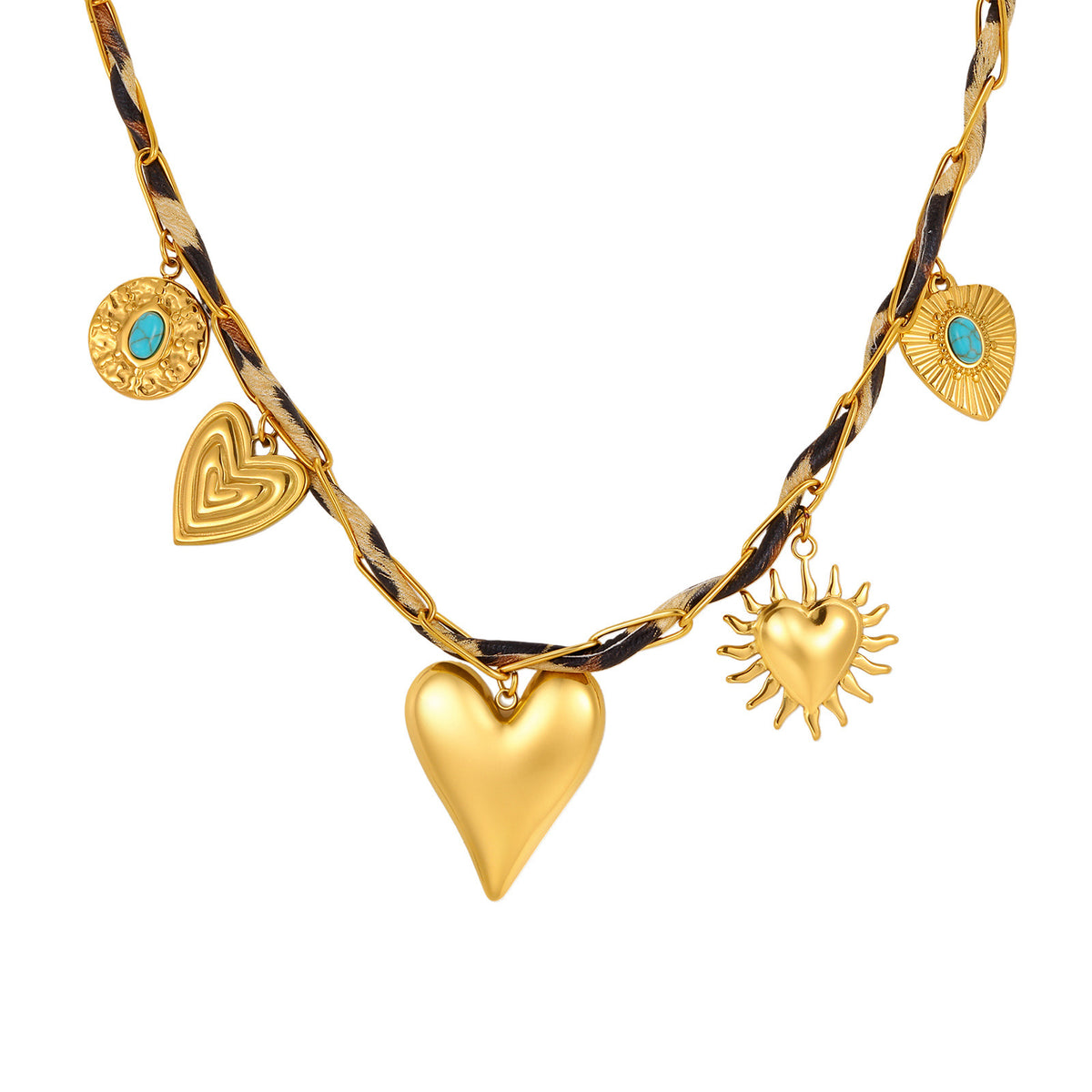 Stainless Steel Multi-Combination Love Natural Stone Leopard Print Woven Rope Necklace