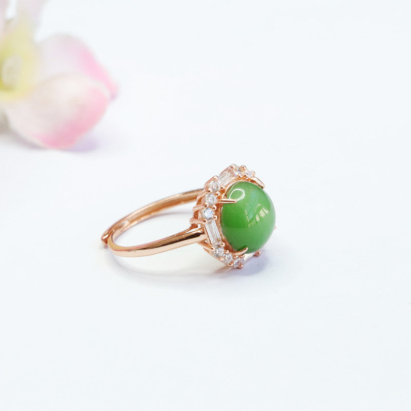 925 Sterling Silver Hetian Jasper Round Cabochon Ring