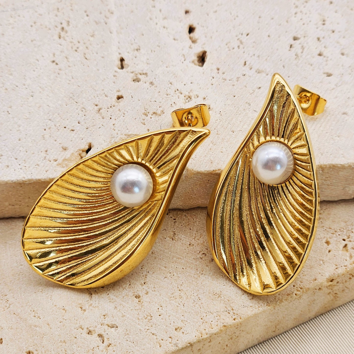Planderful Everyday Genie Steel Earrings Pearl Ginkgo Biloba Stripe Statement Retro Court Style For Women