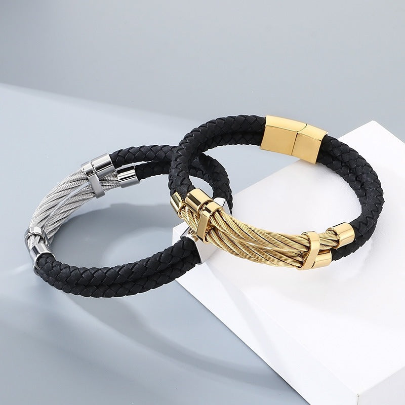 Business Style Black Double Leather Rope Leather Bracelet Layered Stainless Steel