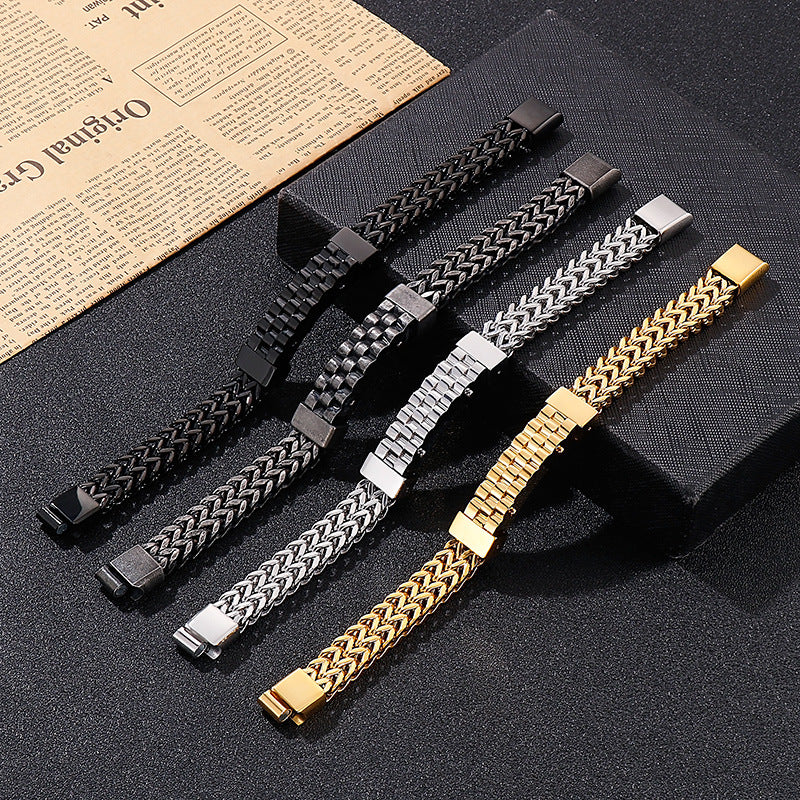 Trendy Men's Hip-Hop Style 18K Gold-Plated Titanium Steel Bracelet with Front and Back Chain Design