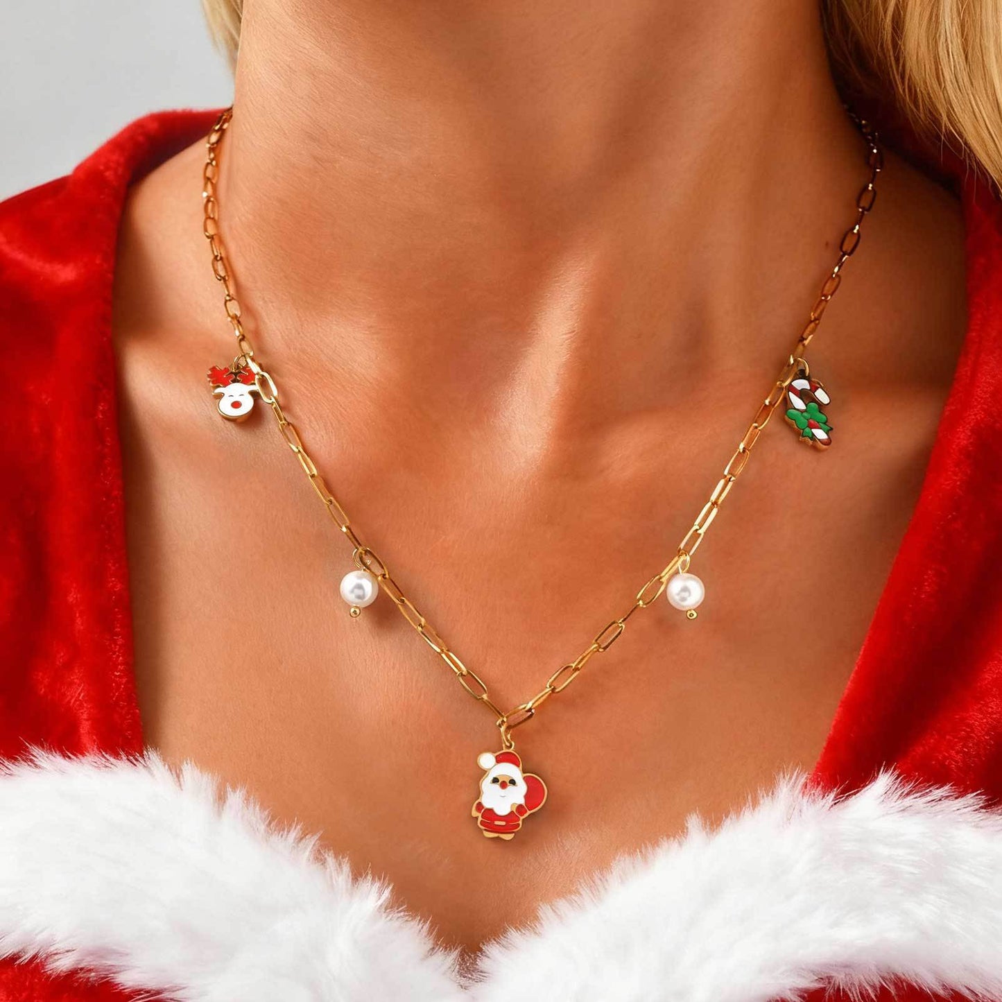 Stainless Steel Christmas Tree Cream Christmas Decorative Necklace
