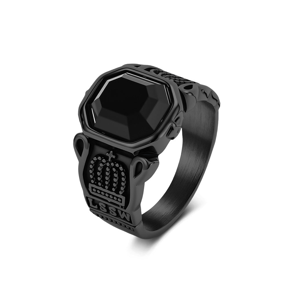 Stainless Steel Black Gemstone Crown Men's Ring