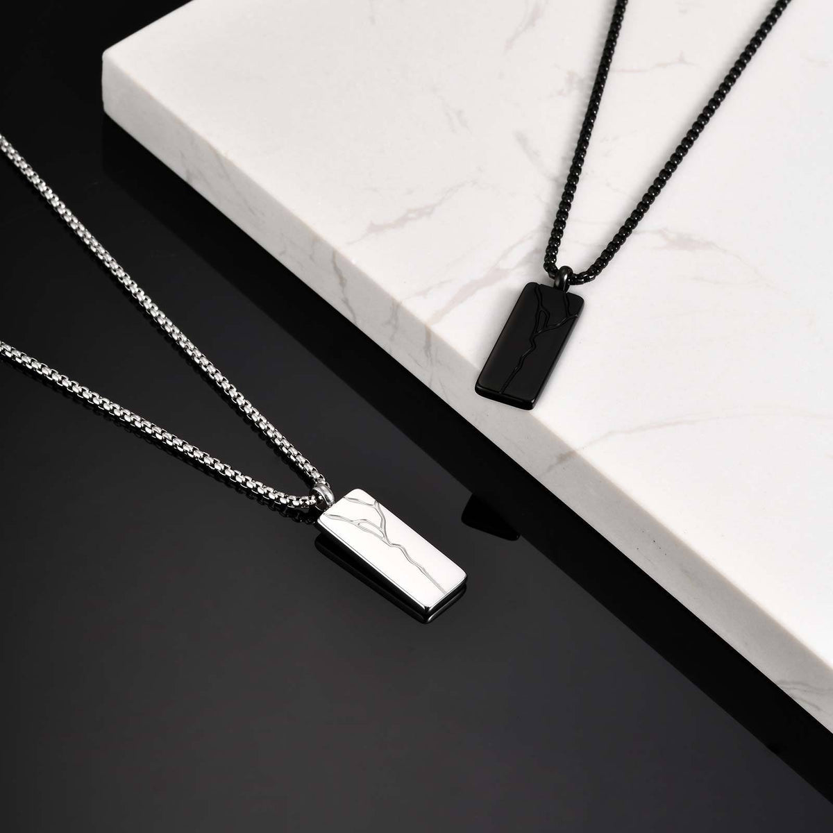 Branch-Line Rectangular Pendant Necklace — Black or Silver
