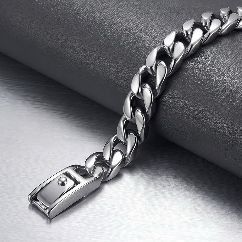 Minimalist Polished Bracelet Glossy Cuban Chain Spring Snap Stainless Steel Men's Bracelet