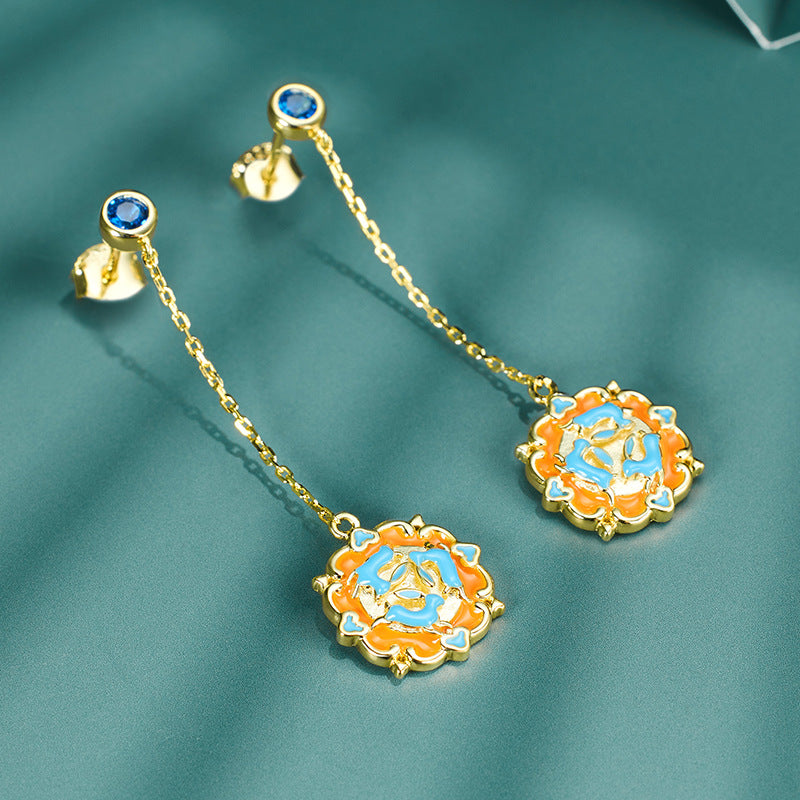 Long Tassel Three Rabbit Creative Pendant Blue Zircon Sterling Silver Drop Earrings