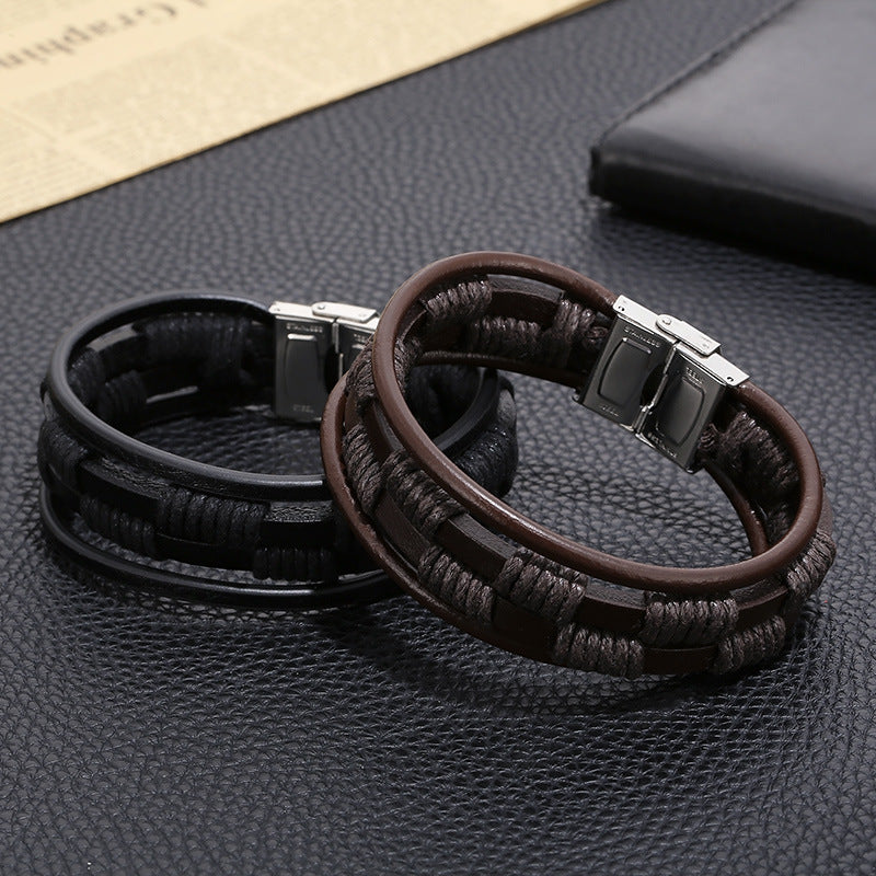 Planderful Durable Stainless Steel Leather Bracelet For Men