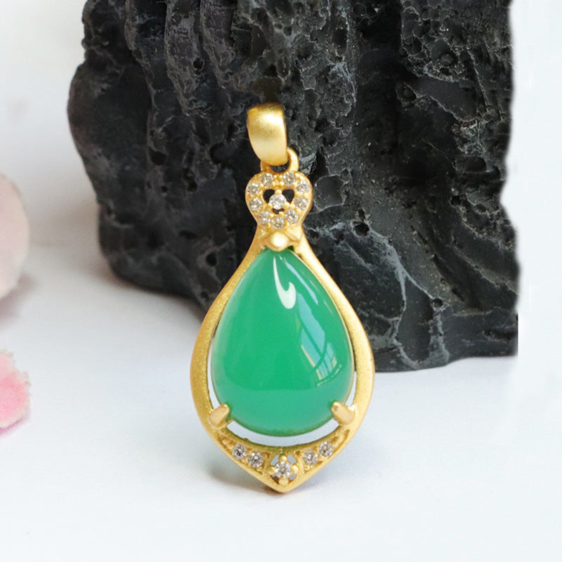 Sterling Silver Necklace with Green Chalcedony Droplet Pendant and Zircon Details