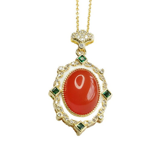 Red Agate Zircon Pendant Necklace with Sterling Silver Chain