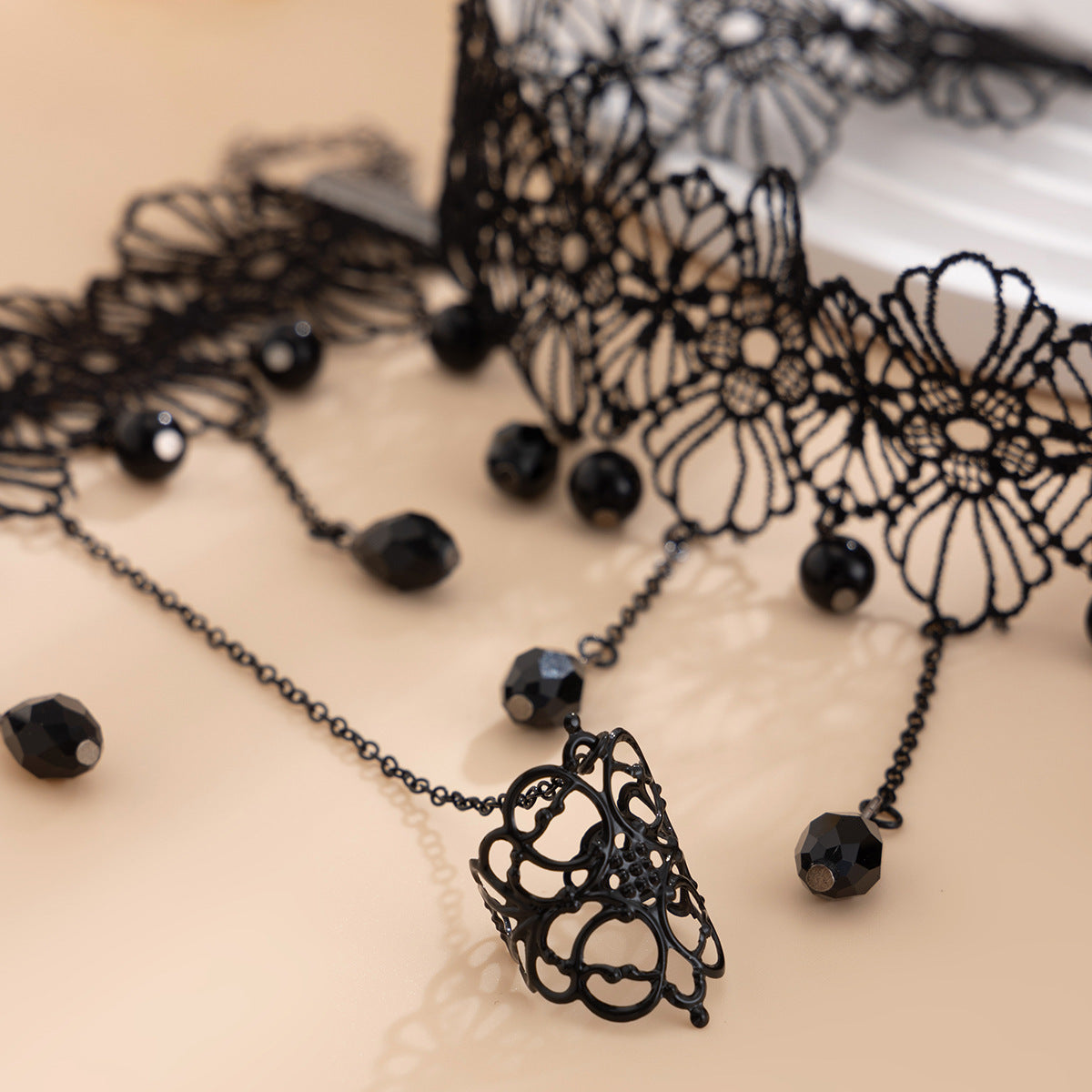 Gothic Crystal-Style Flower & Tassel Lace Necklace