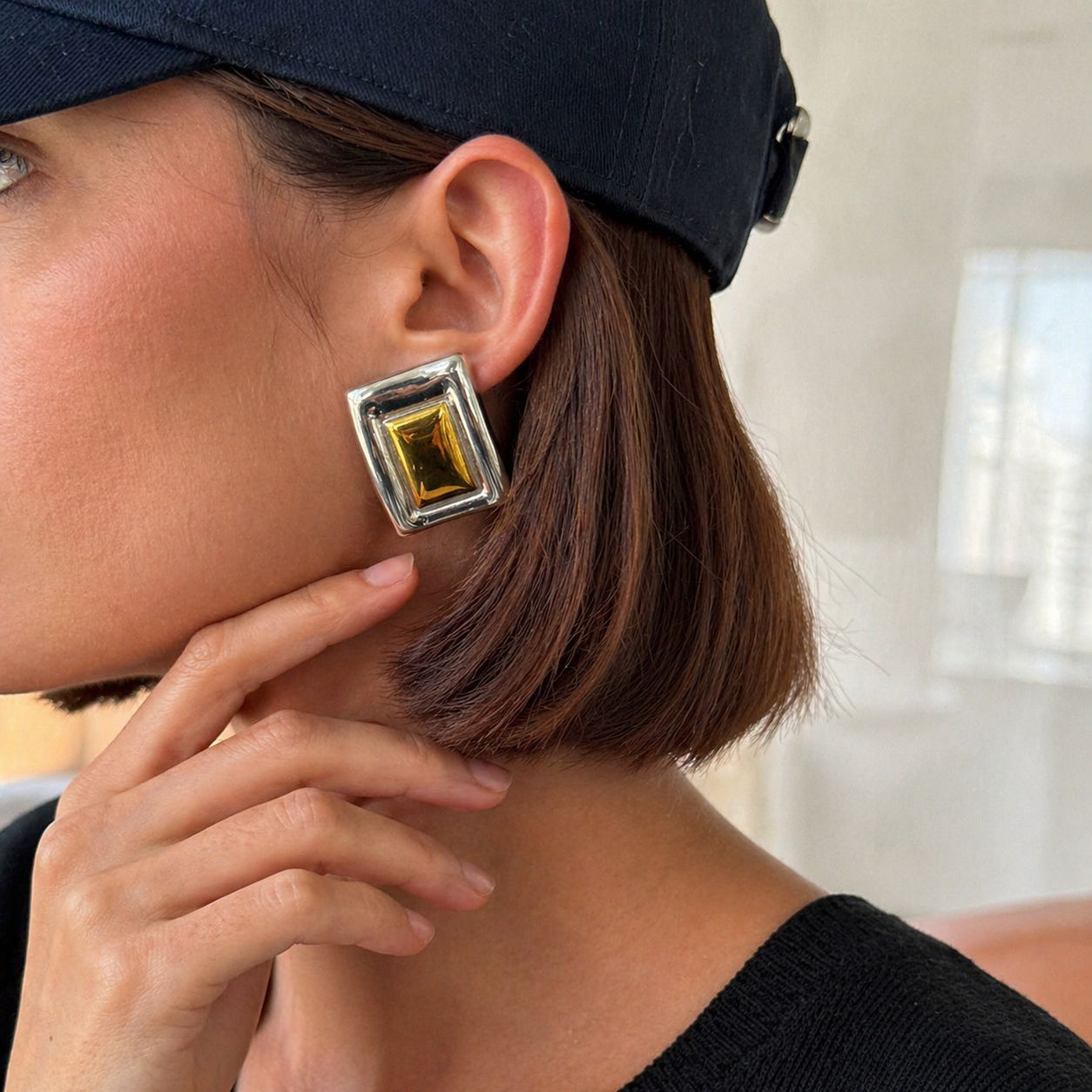 Planderful Vienna Verve Two Tone Stainless Steel Earrings Minimalist Square Statement Unisex Everyday Wear