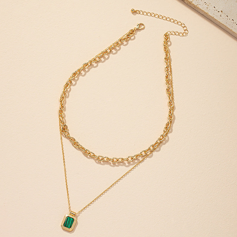 Peacock Stone Pendant Necklace with Turquoise Collarbone Chain