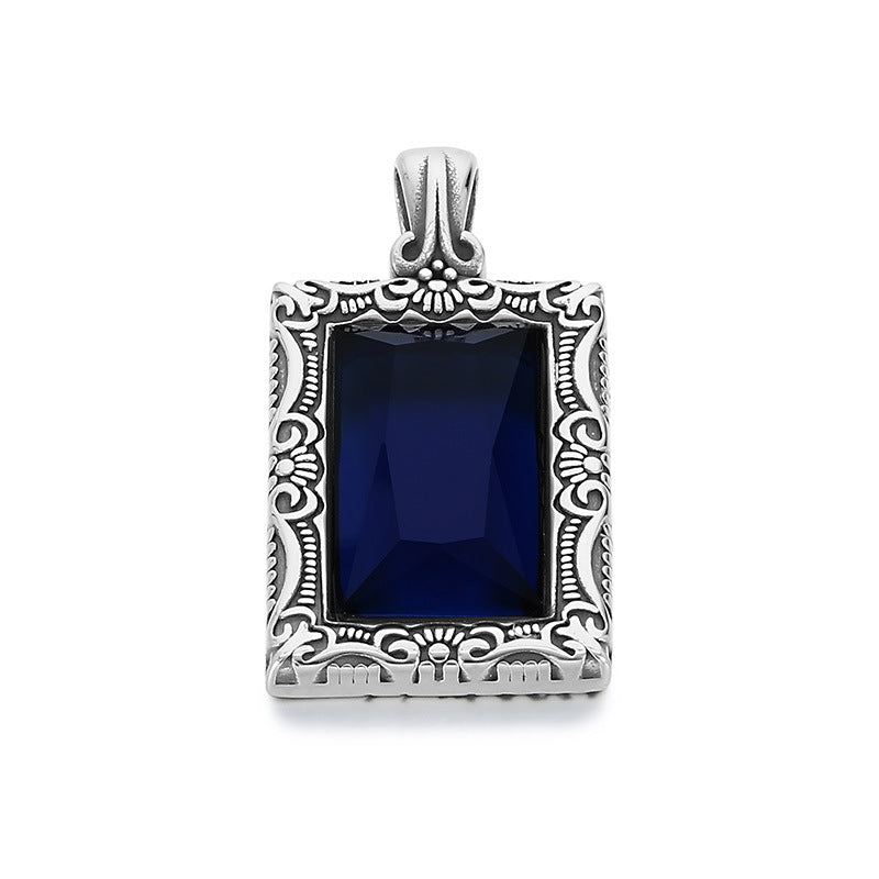 Retro Engraved Sapphire Inlaid Titanium Steel Hip-Hop Pendant for Men