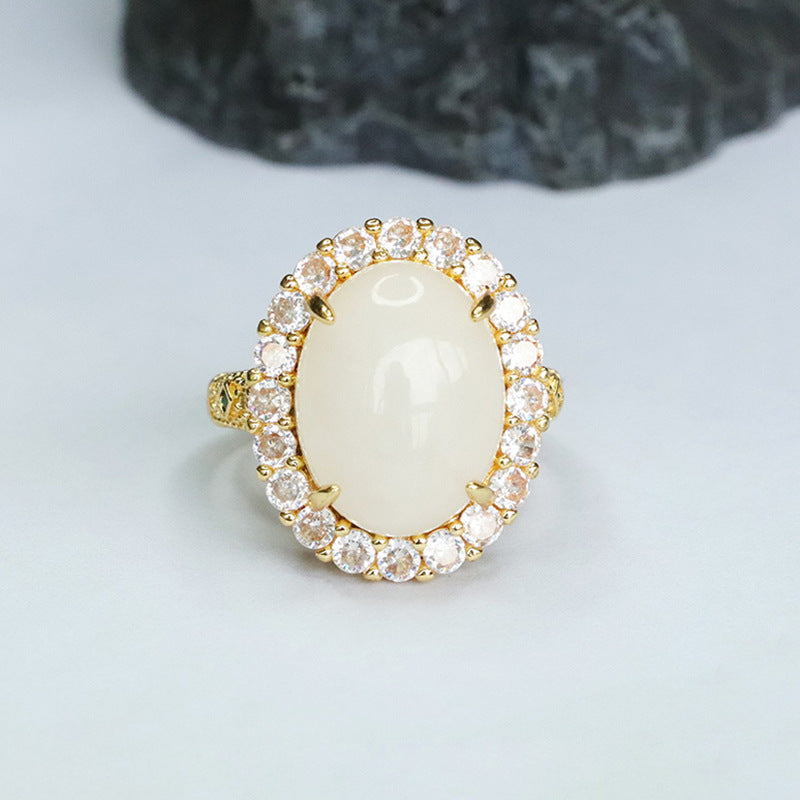 White Hetian Jade Zircon Halo Ring