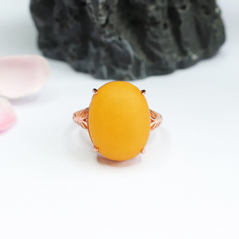 Baltic Amber Sterling Silver Adjustable Ring with Frosted Finish