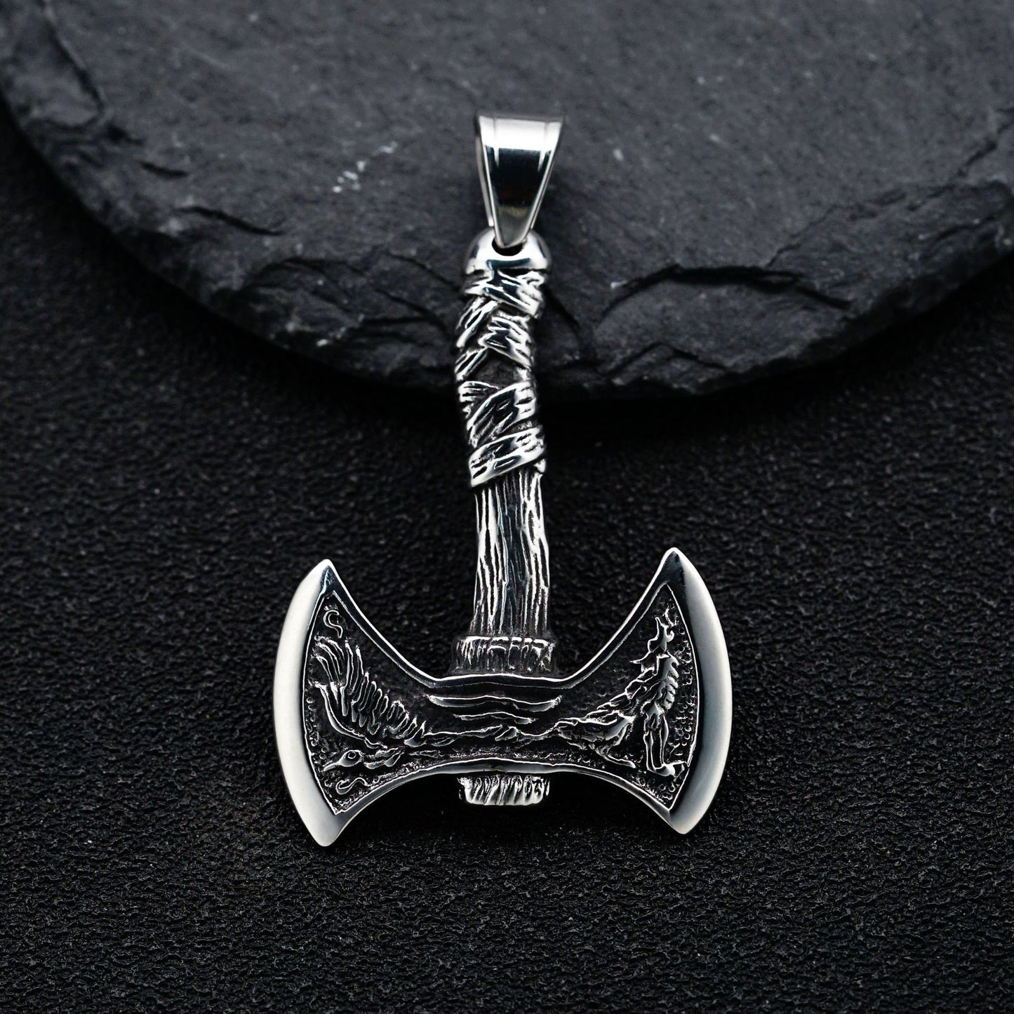 Steel Necklace - Vintage Viking Crow Head Double Axe Pendant